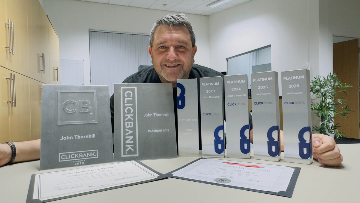 John Thornhill displaying his 9x ClickBank Platinum vendor awards from 2020 to 2026