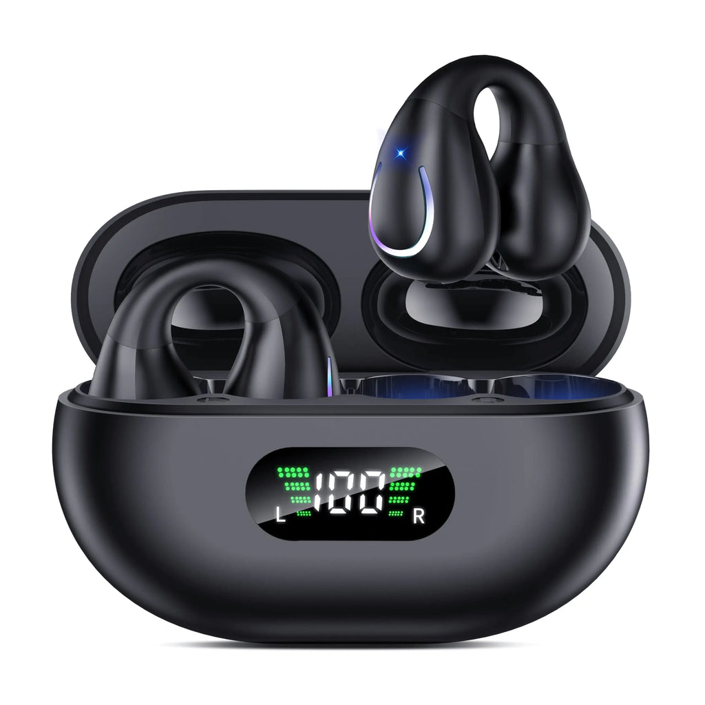 Open Ear Clip Wireless Earbuds Bluetooth 5.3 Sports Earphones Built-in Microphone with Earhooks & Ear Hook Wireless Charging Case Display Waterproof Fitness Headphones for Running with iPhone Android