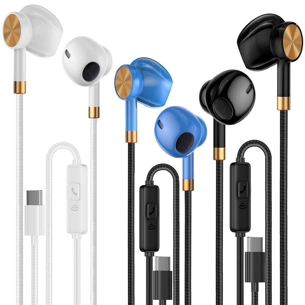 USB C Headphones Earbuds 3 Pack - USB C Earphones Noise Isolating in-Ear Type C Ear Buds Wired with Microphone Heavy Bass Compatible with Phones Android and All TypeC Jack