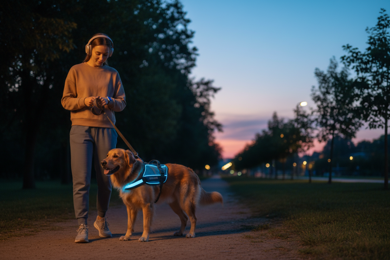Twilight dog walk with tech products